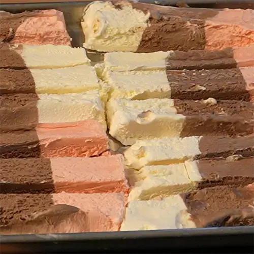 Several pieces of freeze dried Neapolitan ice cream bars on a medium Harvest Right freeze dry tray.