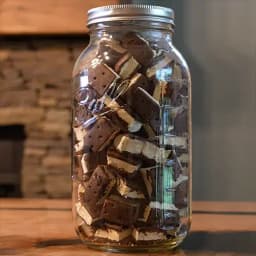 A mason jar packed with bite sized pieces of freeze dried ice cream sandwiches.