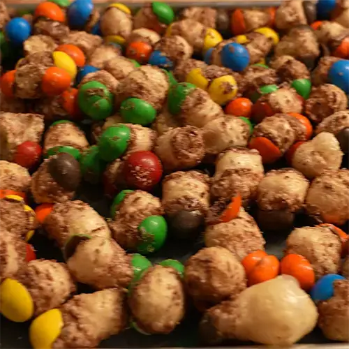 A close up of expanded freeze dried Caramel M&M's on a Harvest Right medium tray.