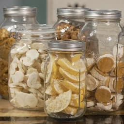 A collection of several mason jars filled with freeze dried lemons, bananas, chili, taco soup, and strawberry lime pie bites.