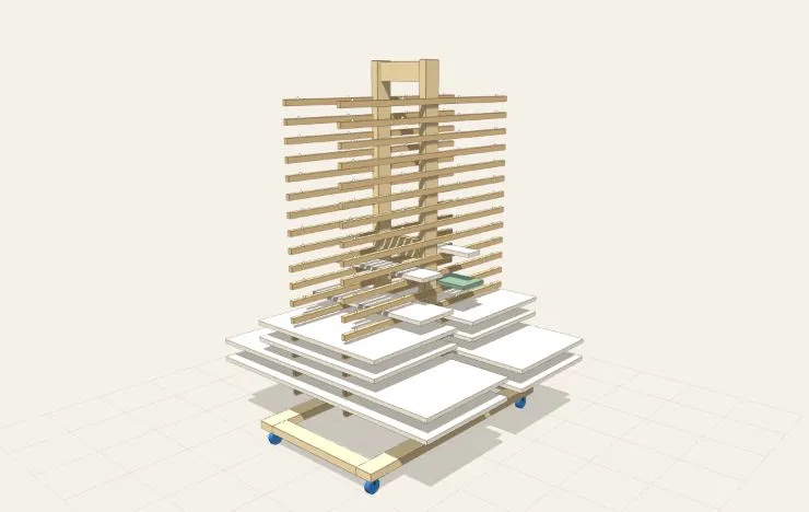 Three-dimensional design illustration of the DIY panel drying rack with sample panels.